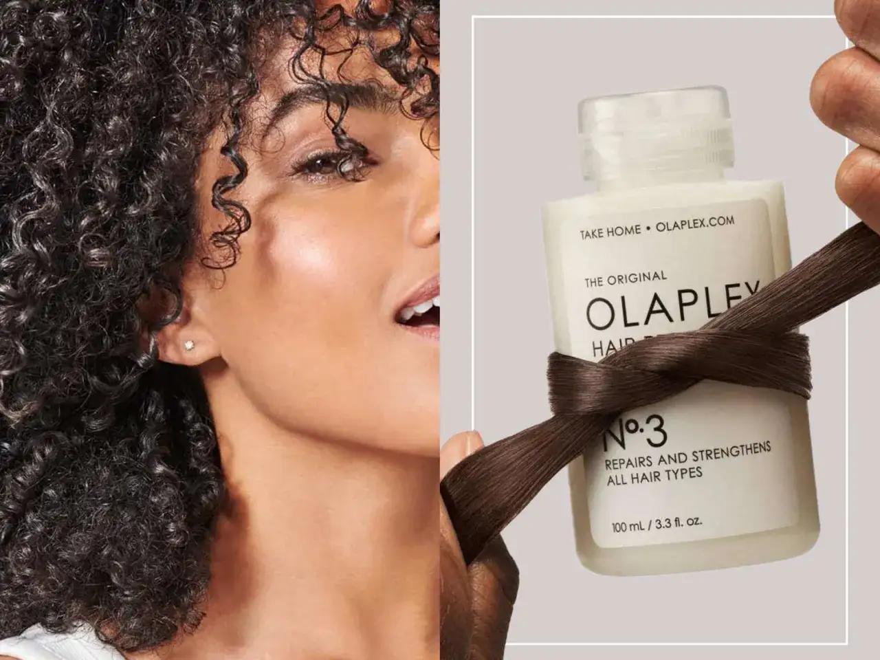 Piękne, kręcone włosy i buteleczka Olaplex No. 3. Produkt do pielęgnacji, który wzmacnia i naprawia włosy.